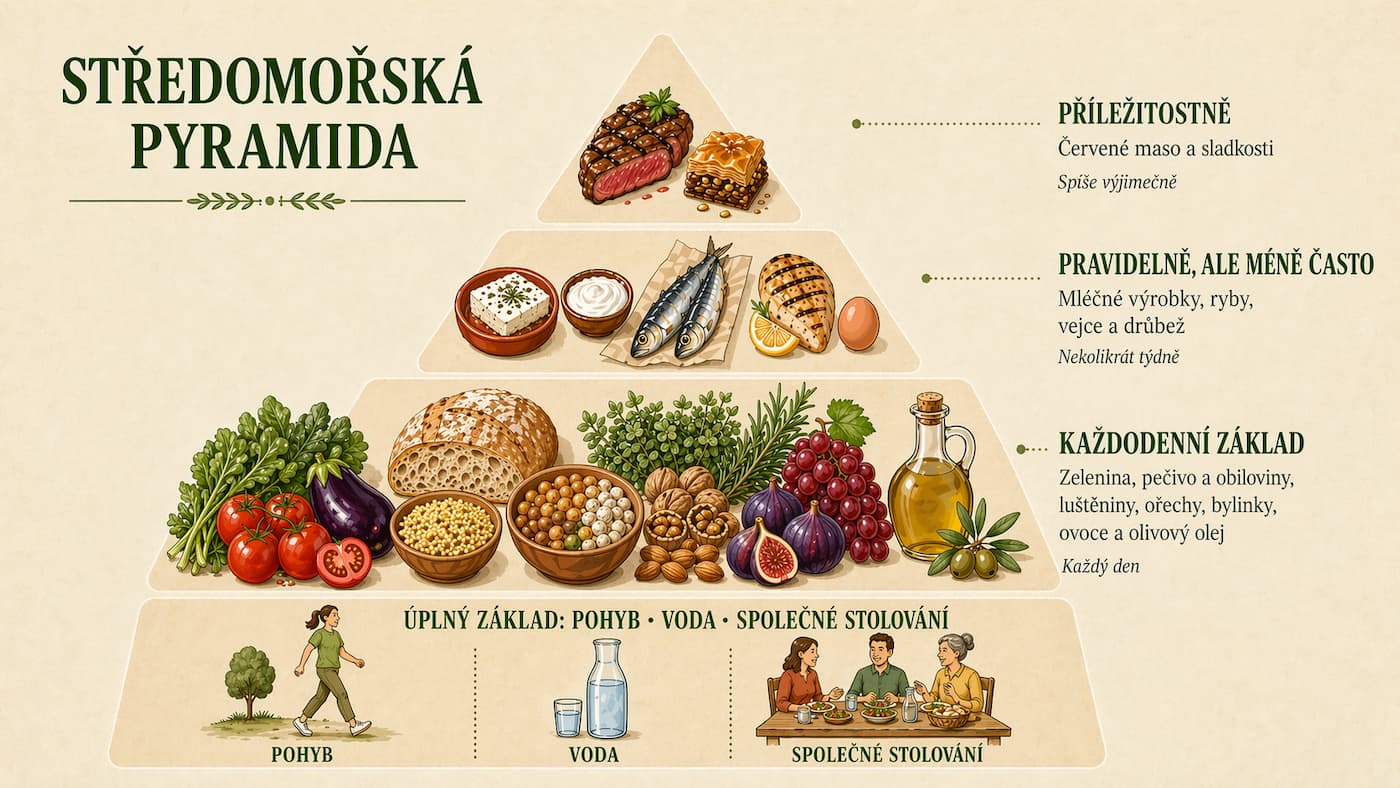 Středomořská pyramida poskládaná z reálných potravin na dřevěném prkénku: od zeleniny, luštěnin a olivového oleje u základny až po malou porci červeného masa na vrcholu